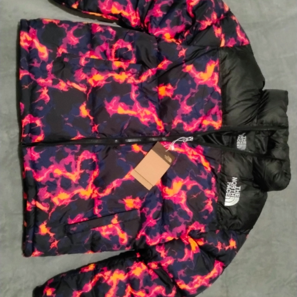The North Face Men’s Black Puffer Jacket with Red-Pink Flame Print